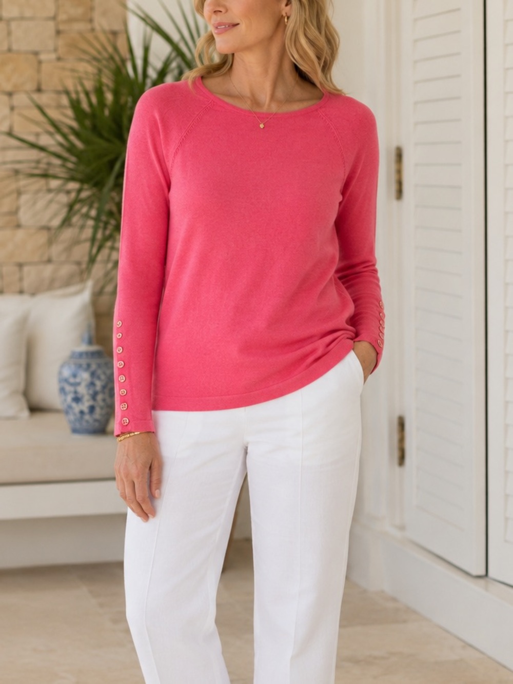 J.McLaughlin Jamey Rose Pink Sweater M Cotton Modal Button Cuff Raglan Sleeve